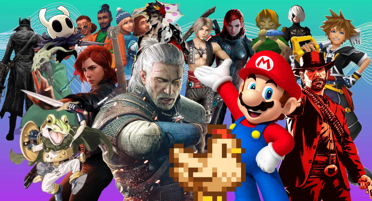 Collage of iconic video game characters from multiple franchises on a colorful background.