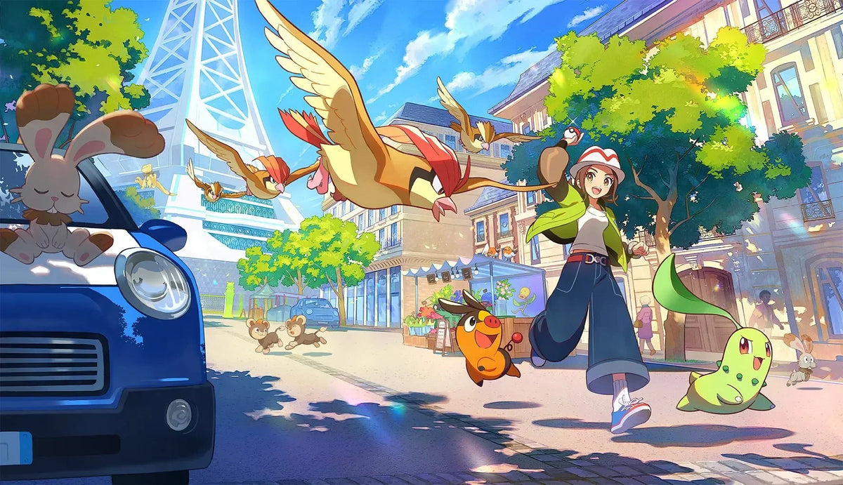 Colorful Pokémon scene with a trainer running through a lively city alongside various Pokémon.