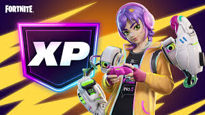 Colorful Fortnite XP promotional image featuring a purple-haired character holding futuristic gadgets beside a large XP badge.