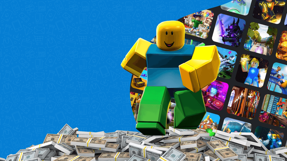 Roblox guy on a pile of Money