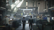 A gameplay screenshot showing two characters walking through a high-tech laboratory facility filled with scientists and advanced equipment.