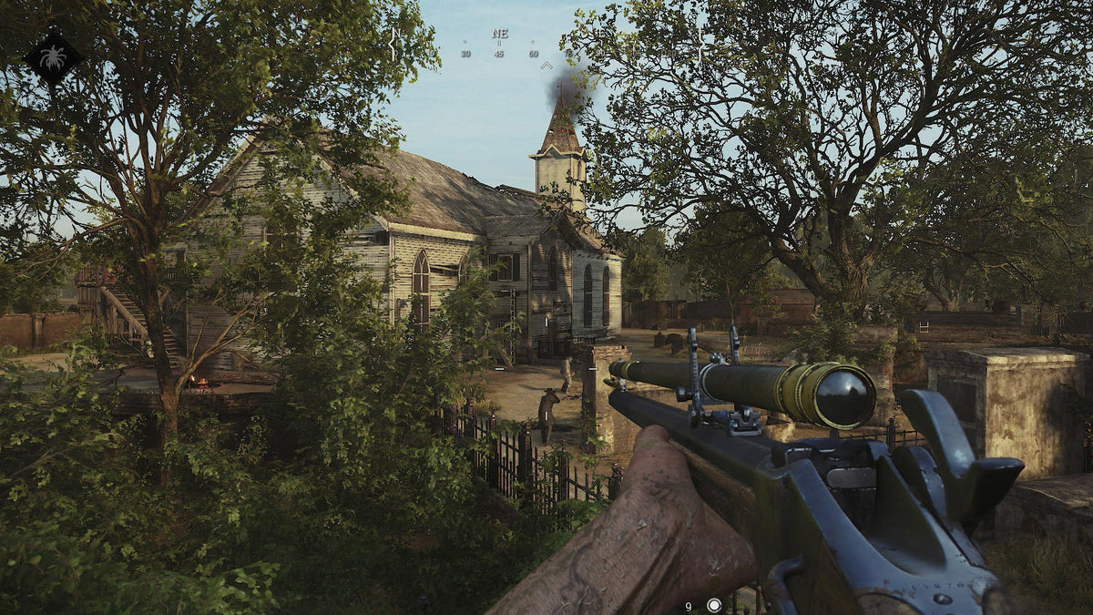 Scoped Gun looking at older building