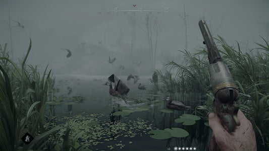 Alt text: First-person view from Hunt Showdown showing a player holding a revolver while standing in a foggy swamp with ducks flying and splashing in the water surrounded by tall grass and lily pads.