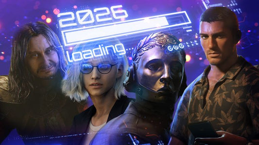 Futuristic gaming characters with a “2026 loading” theme and neon sci-fi visuals.