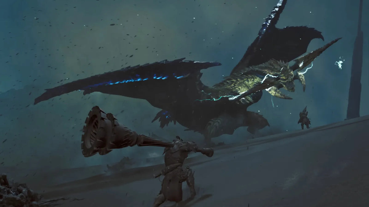 Armored hunters confront a massive winged dragon crackling with blue lightning during a stormy battle scene.