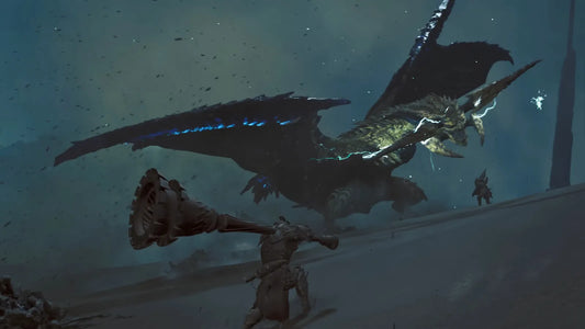 Armored hunters confront a massive winged dragon crackling with blue lightning during a stormy battle scene.