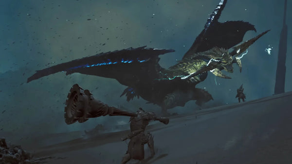 Armored hunters confront a massive winged dragon crackling with blue lightning during a stormy battle scene.