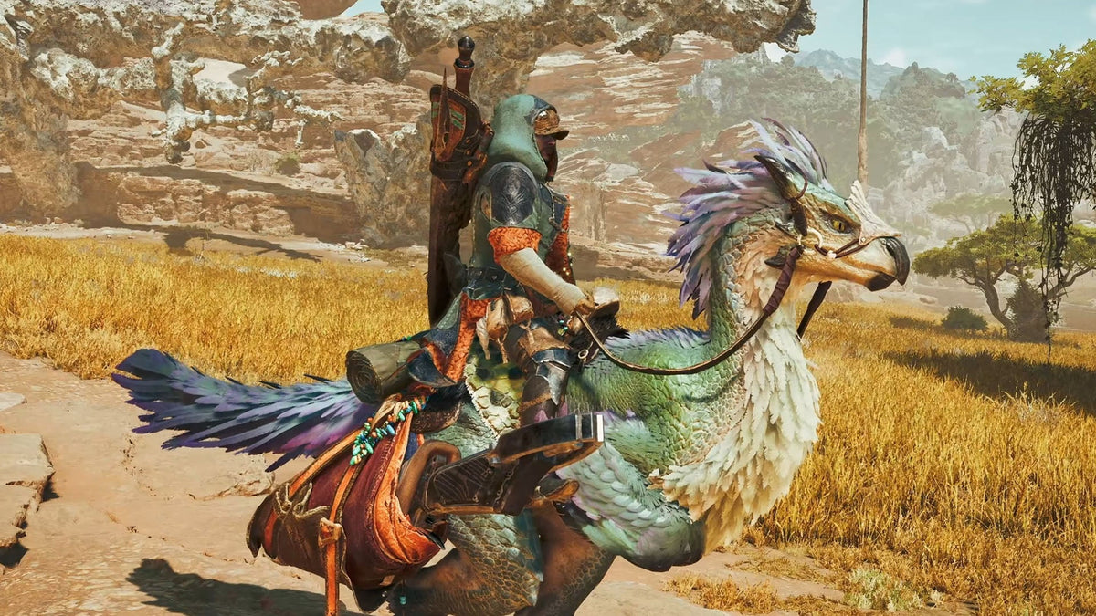 Fantasy adventurer riding a colorful bird-like mount across a rocky desert landscape, carrying gear and a large sword in an open-world game environment.