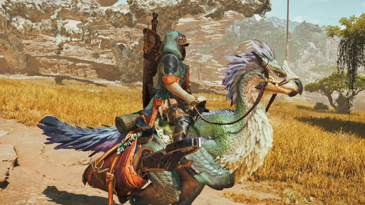 Fantasy adventurer riding a colorful bird-like mount across a rocky desert landscape, carrying gear and a large sword in an open-world game environment.