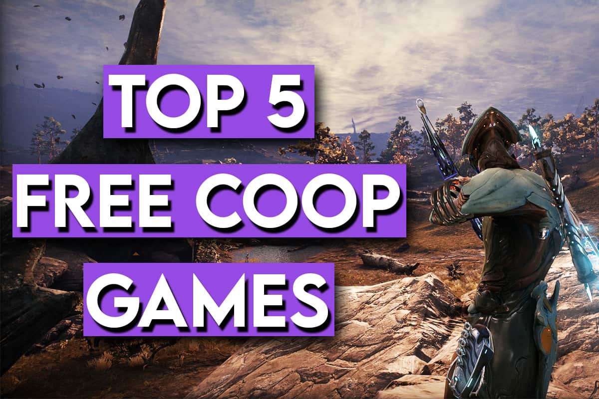 Top 5 free coop games thumbnail featuring sci-fi character aiming weapon in open world environment with bold purple title text