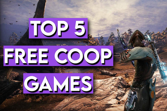 Top 5 free coop games thumbnail featuring sci-fi character aiming weapon in open world environment with bold purple title text