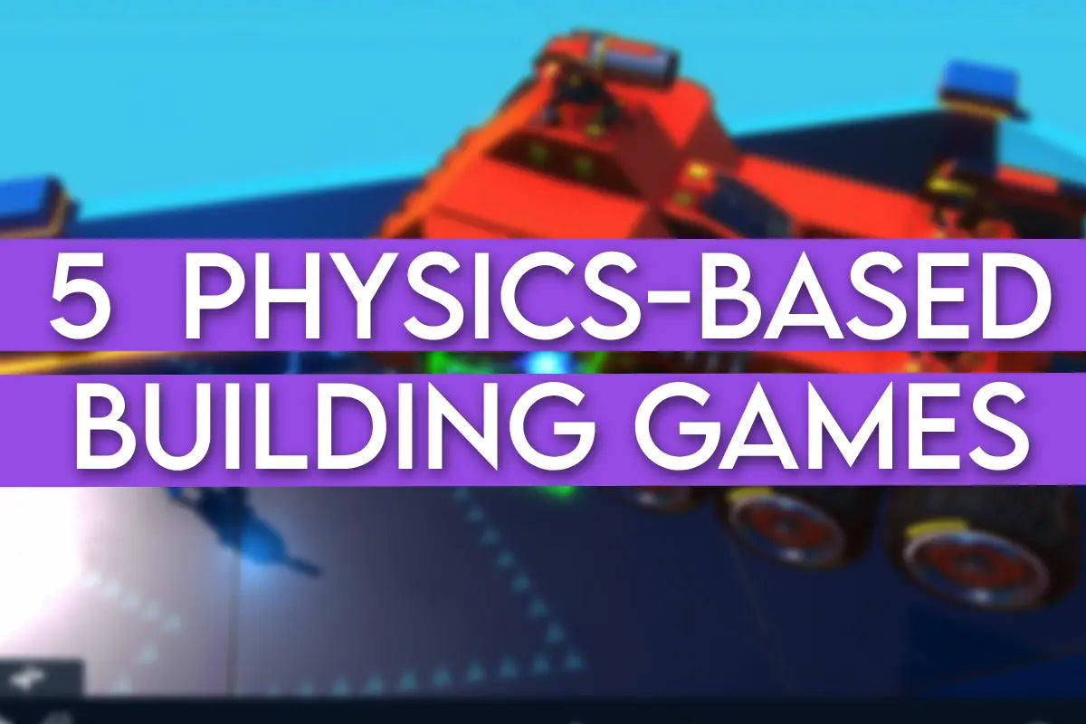5 Physics-Based Building Games thumbnail featuring a red custom-built vehicle in a sandbox environment with bold purple text overlay, slightly blurred background, and focus on creative vehicle construction gameplay