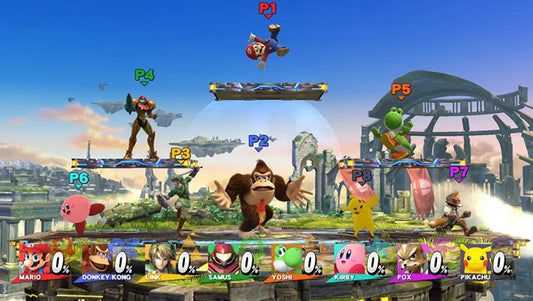 A gameplay screenshot from Super Smash Bros. Ultimate featuring eight classic characters battling on a platform stage.