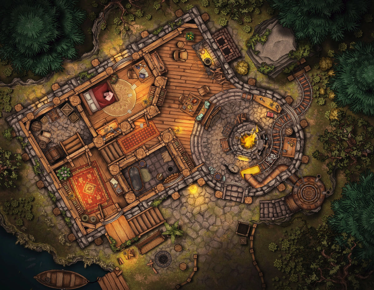 Top-down D&D battle map of a forest lodge with wooden rooms, stone walls, a forge, mine tracks, and surrounding trees.