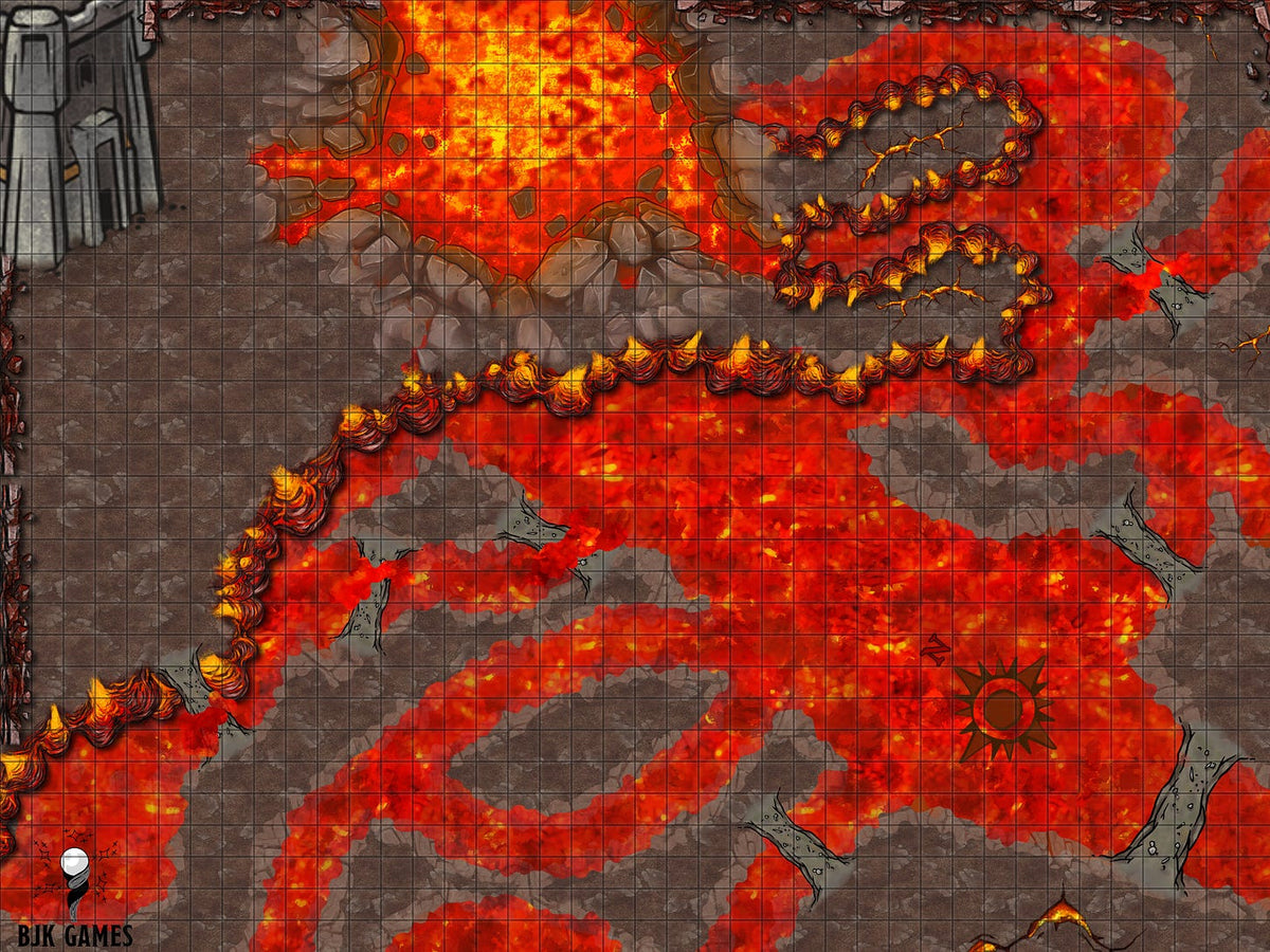 Top-down lava battle map with cracked stone paths, flowing magma, fire hazards, and a grid for D&D combat.