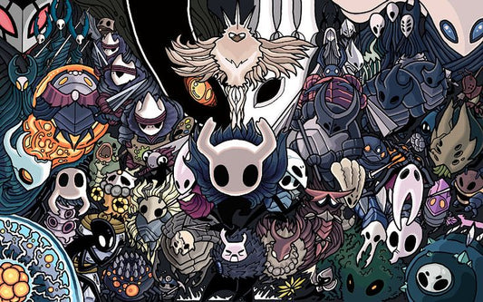Colorful collage of Hollow Knight characters and bosses, featuring the Knight surrounded by iconic enemies and allies from Hallownest.