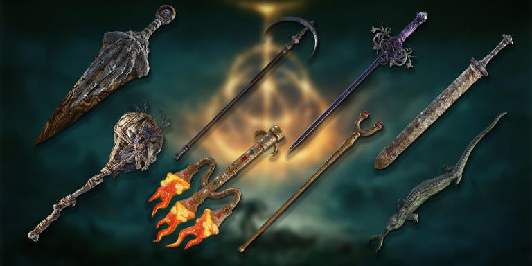 A lineup of Elden Ring weapons displayed against a dark, mystical background, including swords, staves, spears, and magical-looking arms arranged in a row with a glowing rune-like light behind them.