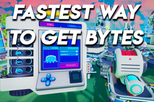 Astroneer research chamber interface showing 15,885 bytes with large overlay text reading “Fastest Way to Get Bytes.”