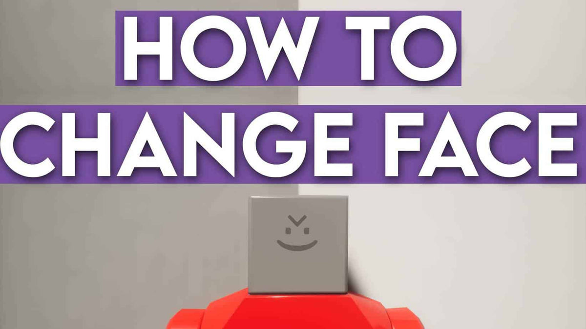 Purple banner reading “HOW TO CHANGE FACE” above a Brick Rigs character with a simple smiling face on a gray square head and red body against a plain background.