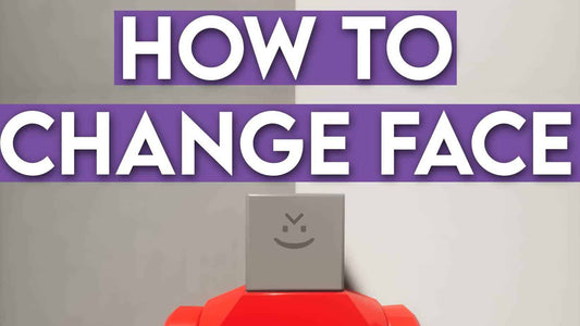 Purple banner reading “HOW TO CHANGE FACE” above a Brick Rigs character with a simple smiling face on a gray square head and red body against a plain background.