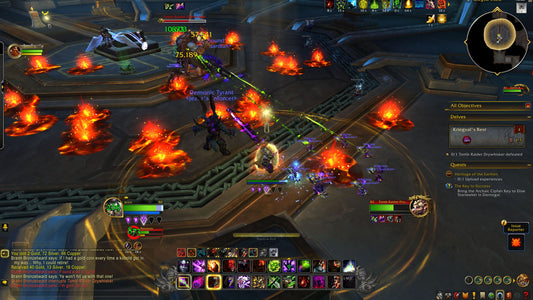 World of Warcraft screenshot of a Warlock battling the Tomb-Raider Drywhisker amid fiery spell effects in Kriegal’s Rest.