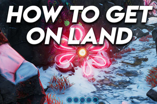 Subnautica Below Zero snowy land area with glowing pink alien plant and bold text reading “How to Get on Land.”