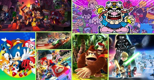 A collage of family-friendly games featuring Minecraft, WarioWare, classic Sonic the Hedgehog, a Hot Wheels racing game, Mario Kart 8, Donkey Kong Country, and LEGO Star Wars.