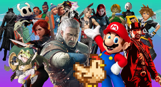 Collage of iconic video game characters from multiple franchises on a colorful background.