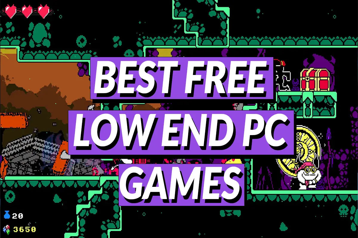 Best free low end PC games thumbnail with colorful pixel platformer gameplay background and bold title text