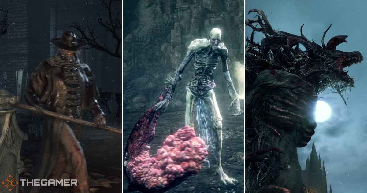 Three dark fantasy enemies side by side—a cloaked hunter with a weapon, a skeletal creature dragging a grotesque mass, and a horned beast silhouetted against a moonlit sky.