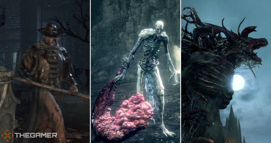Three dark fantasy enemies side by side—a cloaked hunter with a weapon, a skeletal creature dragging a grotesque mass, and a horned beast silhouetted against a moonlit sky.
