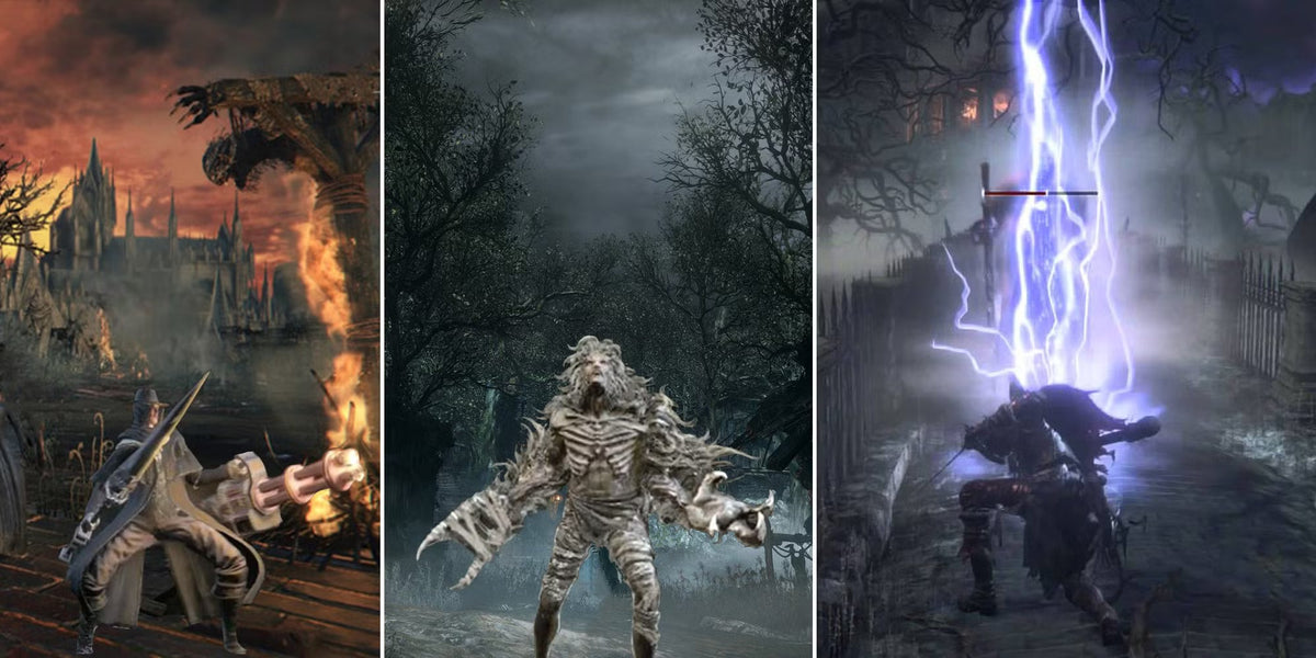 Bloodborne gameplay collage featuring a hunter in combat, a large beast enemy in a dark forest, and an intense lightning attack scene.
