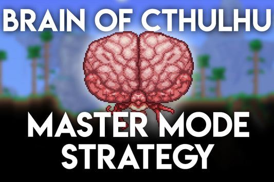 Terraria Brain of Cthulhu master mode strategy thumbnail with pixel art boss and bold white text