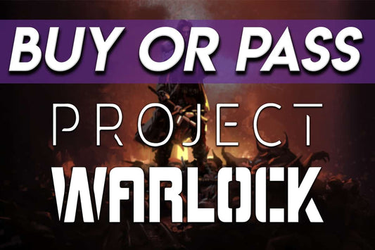 Bold text reading “BUY OR PASS PROJECT WARLOCK” over a dark, fiery background featuring a lone character standing amid demonic enemies, suggesting an intense retro-style shooter game review.