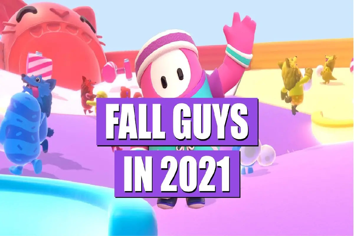 Fall Guys in 2021 thumbnail featuring a pink bean character waving in a colorful obstacle course with bold purple overlay text.