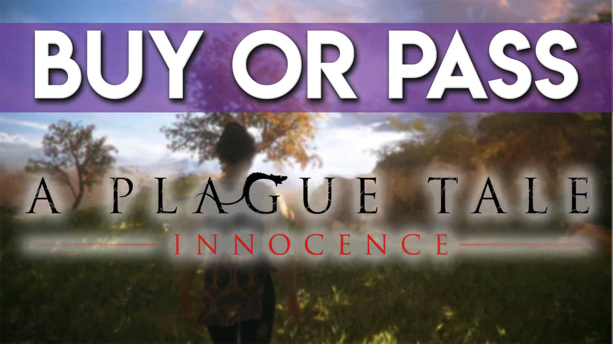 Buy or pass A Plague Tale Innocence review thumbnail with blurred character walking through field and bold title text