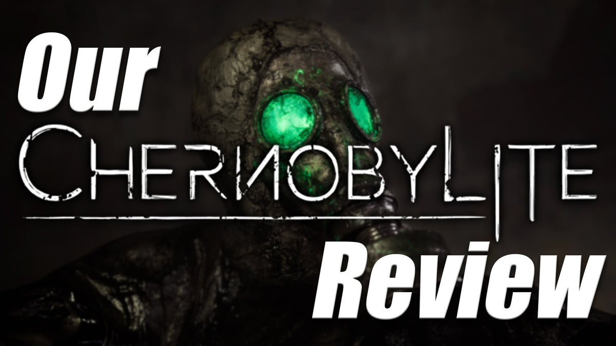 Chernobylite review with a glowing gas mask in a dark, eerie setting.