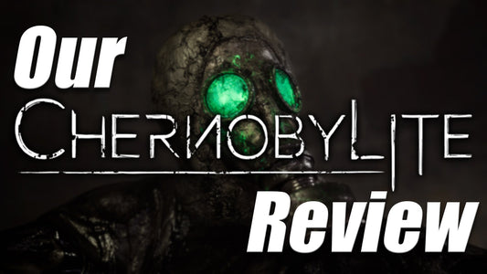 Chernobylite review with a glowing gas mask in a dark, eerie setting.