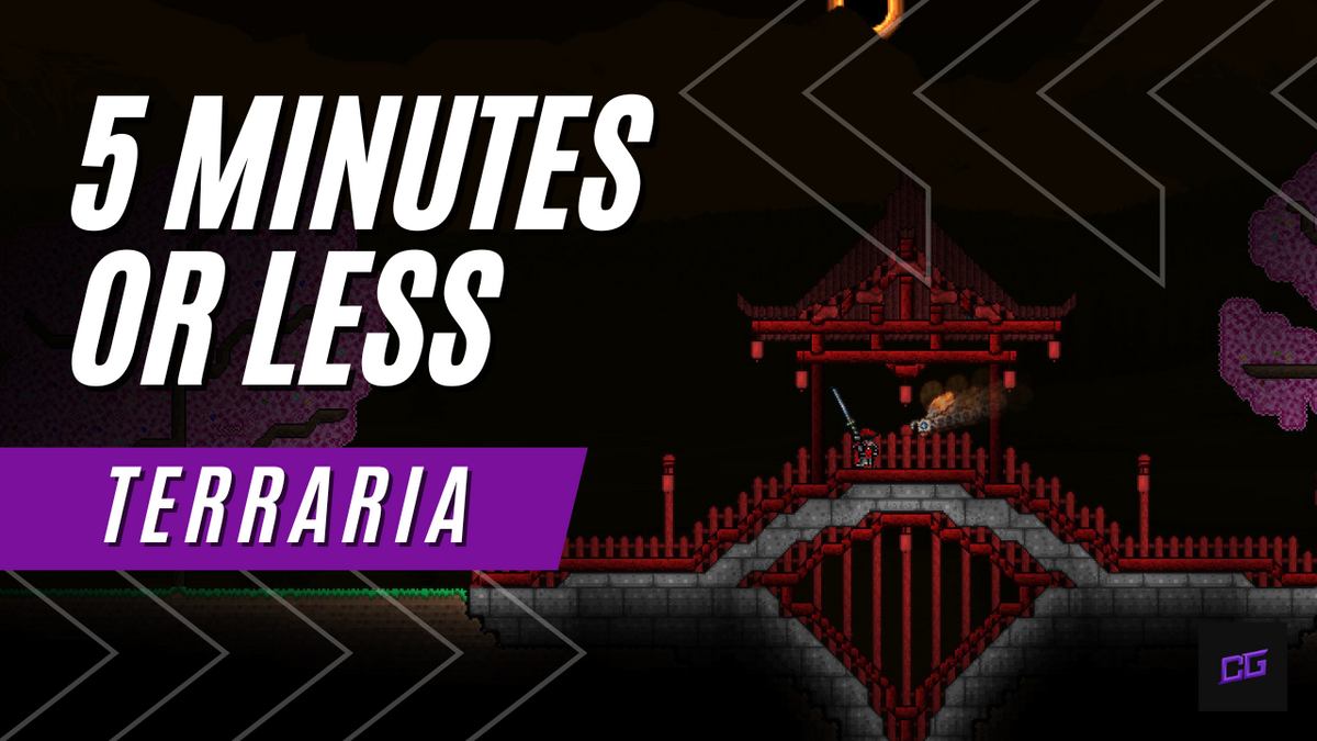 Terraria gameplay scene featuring a red pagoda-style build with a player holding a sword, alongside bold text reading “5 Minutes or Less Terraria.”