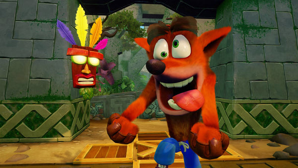 Crash Bandicoot holding a yo-yo in a colorful jungle setting, wearing blue shorts and red sneakers, with a playful expression on his face.