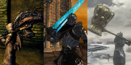 Three Dark Souls characters wielding iconic weapons: the Dragon Tooth hammer, a glowing blue greatsword, and the massive Grant hammer, showcased in different in-game environments.
