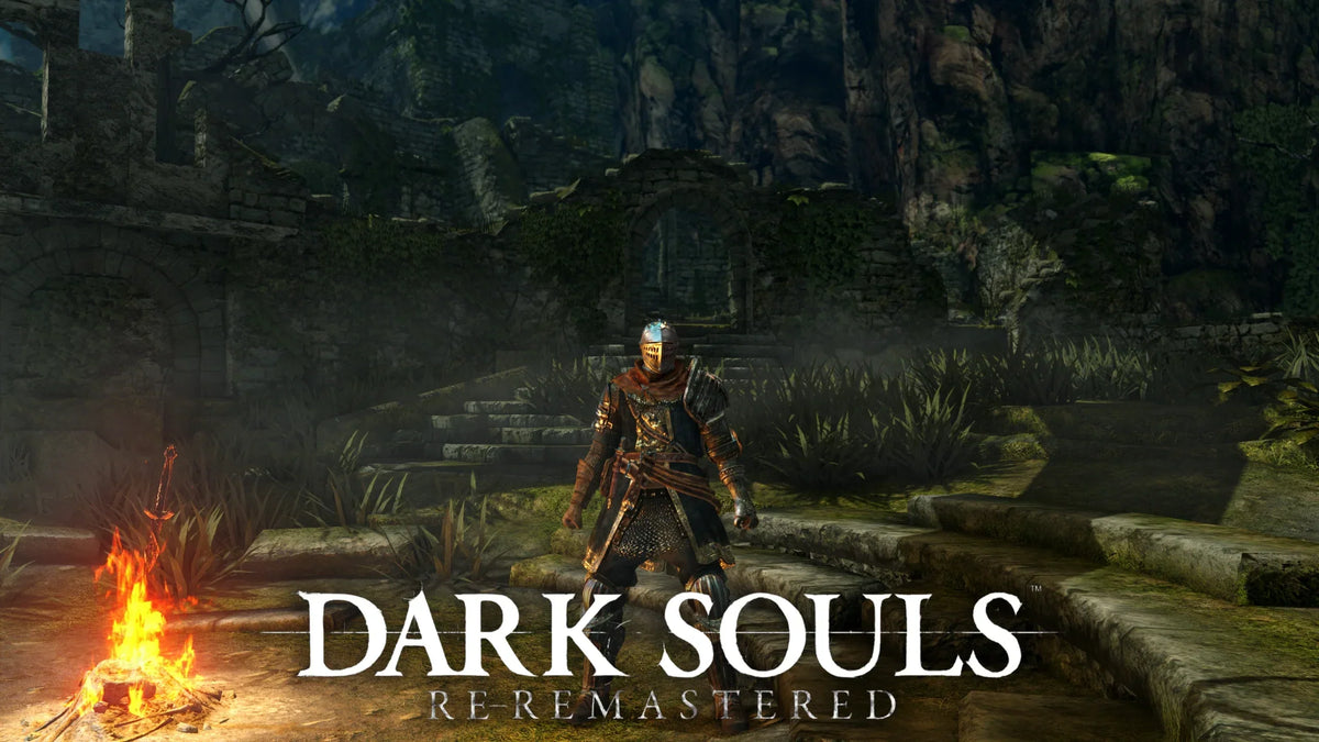 Dark Souls Remastered promotional image featuring an armored knight standing near a bonfire in a ruined, overgrown stone courtyard.