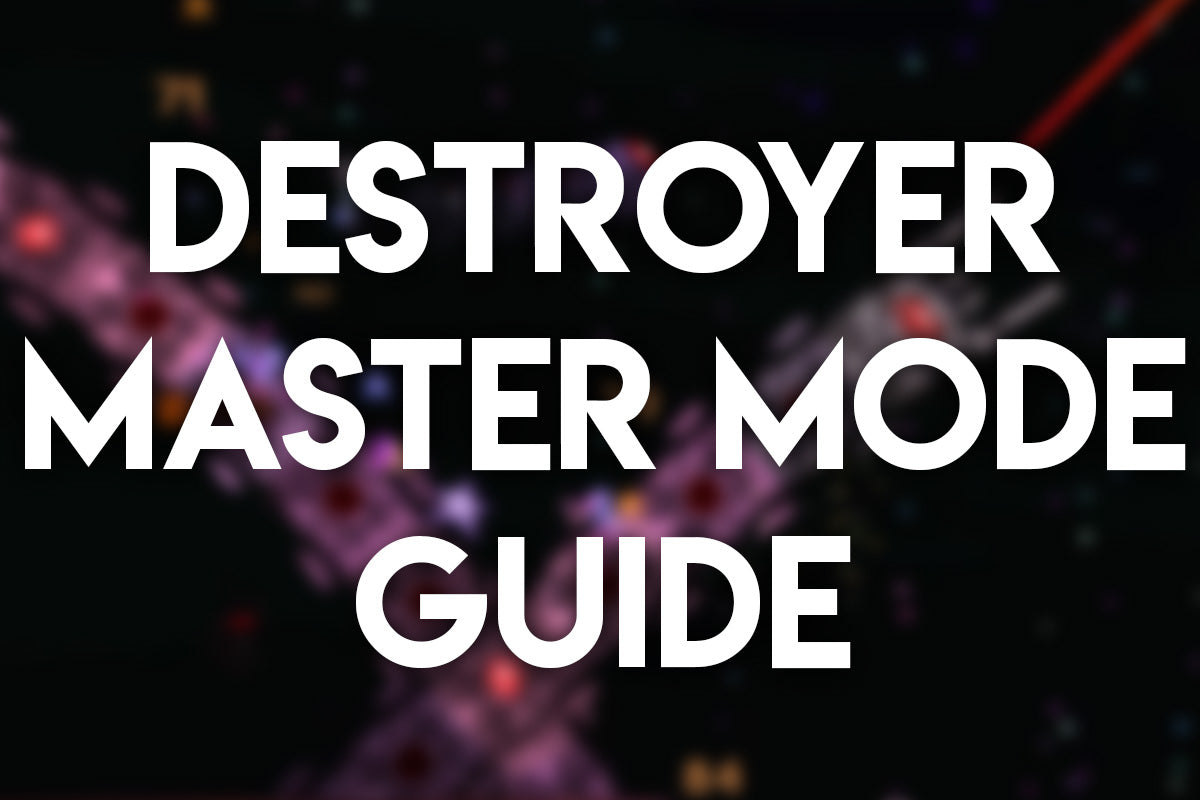 Terraria gameplay image of The Destroyer boss fight with large overlay text that reads “Destroyer Master Mode Guide.”