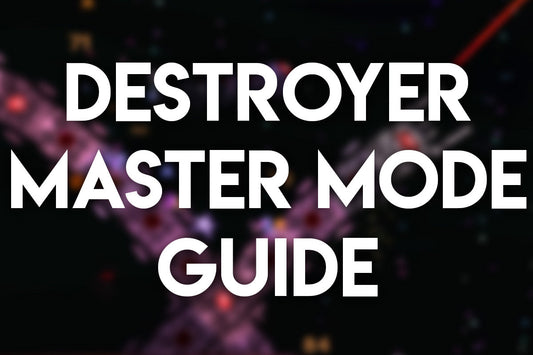 Terraria gameplay image of The Destroyer boss fight with large overlay text that reads “Destroyer Master Mode Guide.”