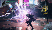 A white-haired fighter slashes forward as purple lightning explodes from his attack, striking a flying demon in a neon-lit city street. A stylish “Savage!” rank appears on screen, highlighting the fast-paced action.