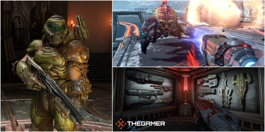 A collage of Doom gameplay showing the Doom Slayer with a shotgun, intense combat against demons, and a wall display of iconic Doom weapons.