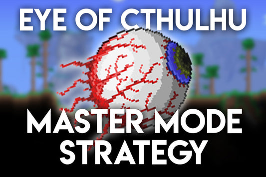 Terraria Eye of Cthulhu master mode strategy thumbnail with pixel art boss and bold white text