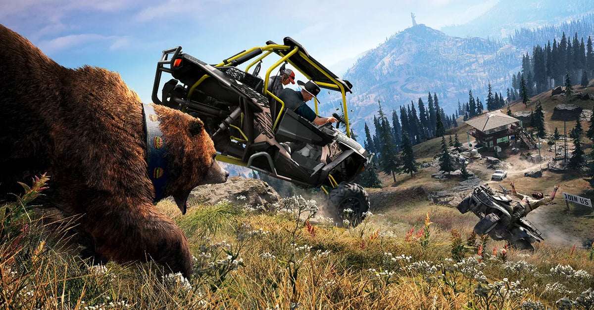 A chaotic scene where a bear confronts an off-road buggy as it flips through a mountainous countryside, sending a rider crashing nearby.