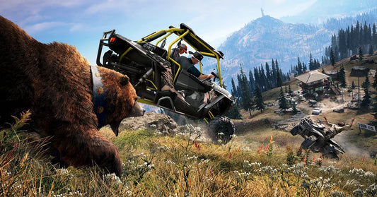 A chaotic scene where a bear confronts an off-road buggy as it flips through a mountainous countryside, sending a rider crashing nearby.