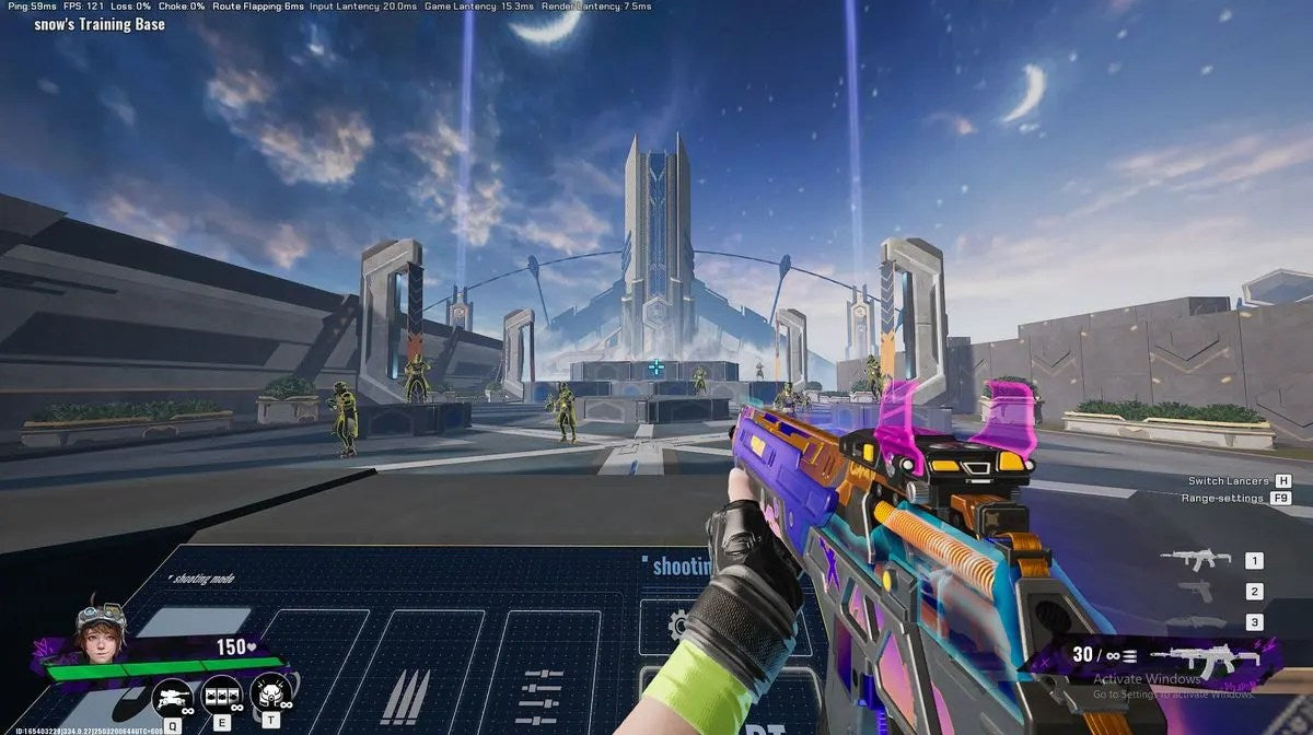 First-person shooter gameplay showing a player aiming a colorful futuristic rifle at training targets inside a sci-fi combat arena.